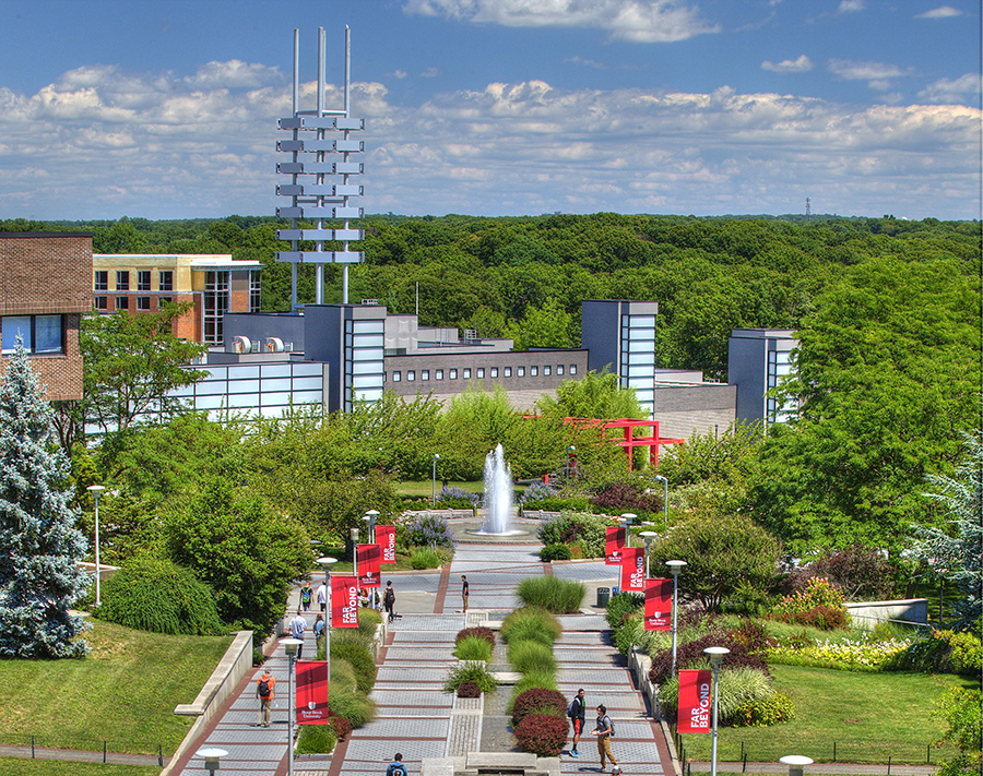 aerial photograph of the front of stony brook's wang center