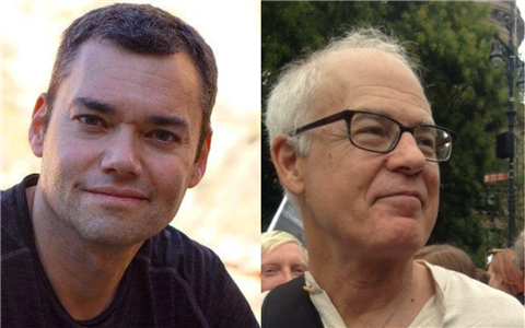 Peter Beinart and Bruce Robbins The man on the left has short dark hair, smiling softly. The man on the right has white hair, wearing glasses, looking thoughtful. Trees are visible in the background.