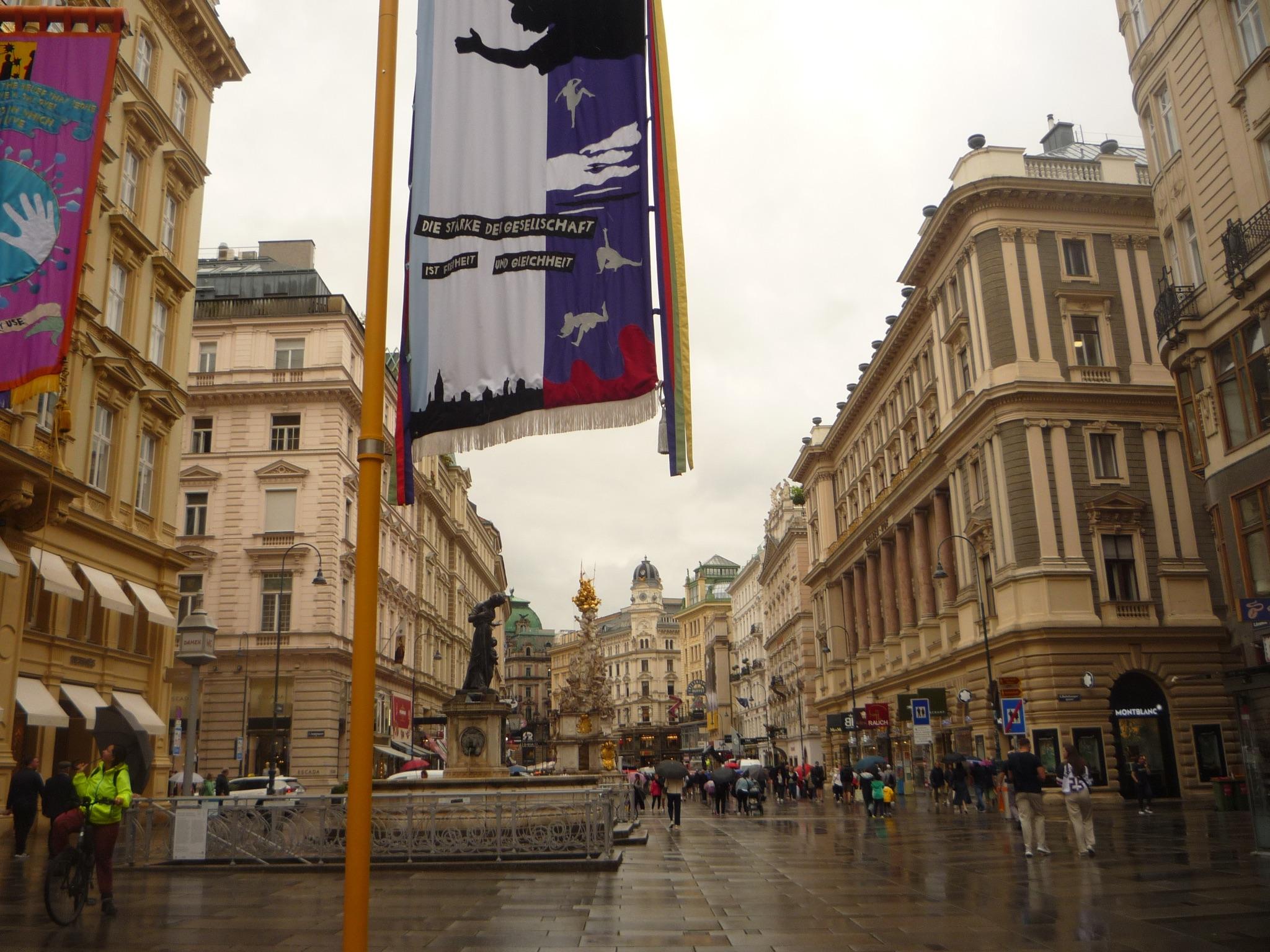 Vienna, Austria Street View of a busy pedestrian street in Vienna, lined with neoclassical buildings and decorated with colorful banners, under a cloudy sky.