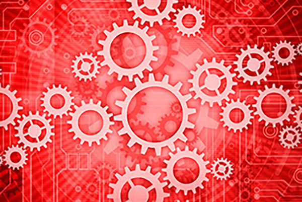 Red digital abstract background featuring interconnected white gears overlaid on a circuit board pattern, conveying a sense of technology and innovation.