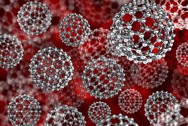 Illustration of spherical graphene molecules resembling silver buckyballs floating in a red, abstract space. The image conveys a futuristic, scientific tone.