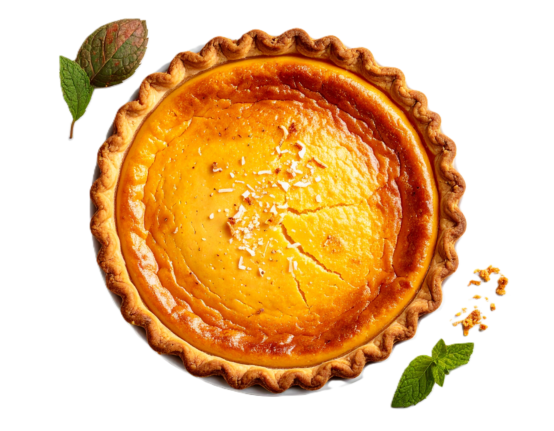 Coconut custard pie from above on a white background
