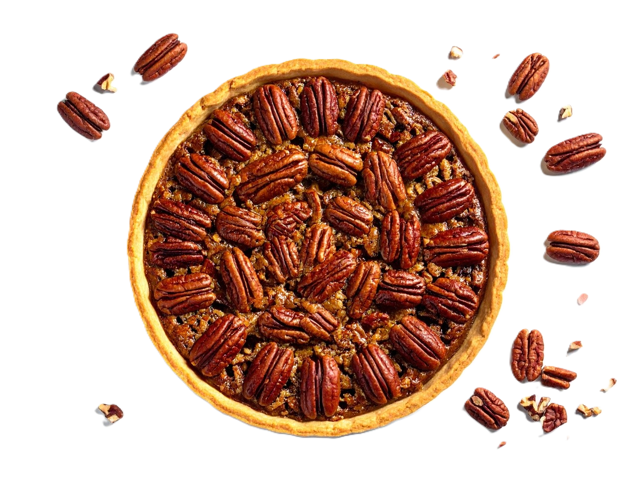 Pecan pie from above on a white background