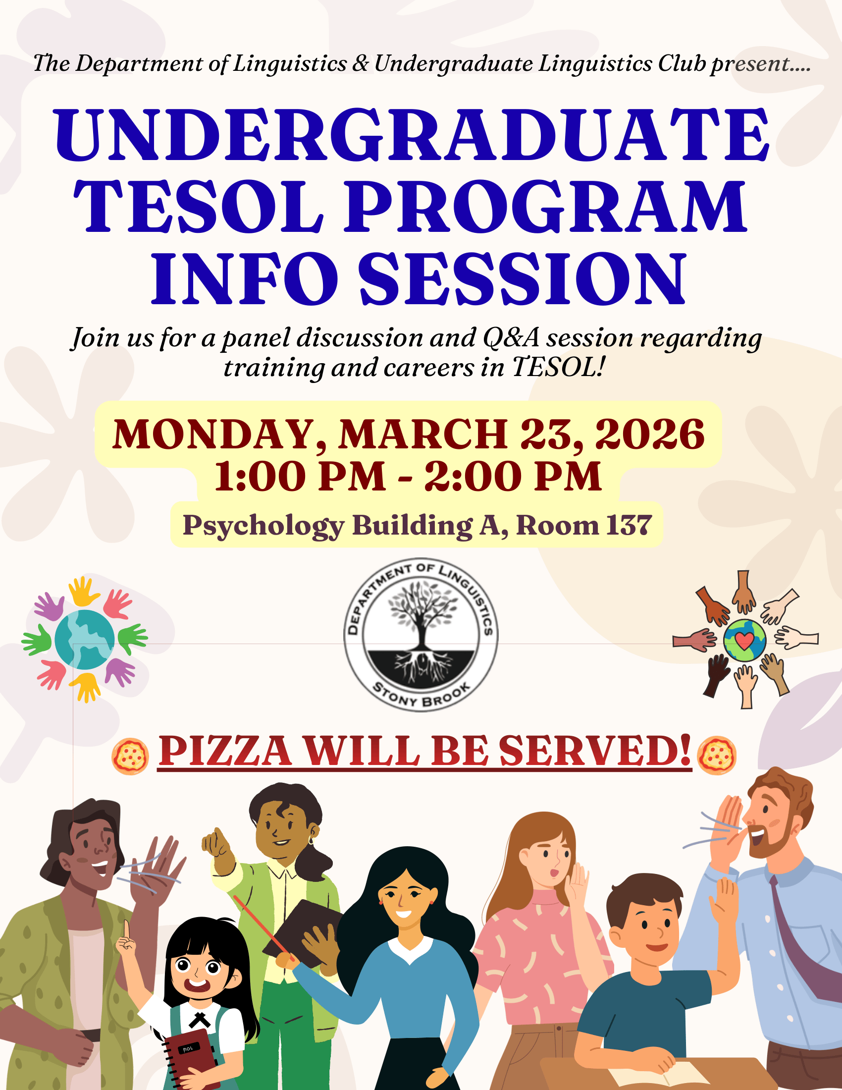 Flyer for information session regarding training and careers in TESOL, or certificate program in Teaching English to Speakers of Other Languages, containing textual information about the date, time, and room location. The bottom of the flyer features illustrations of a diverse group of seven students and teachers, teaching and learning languages.