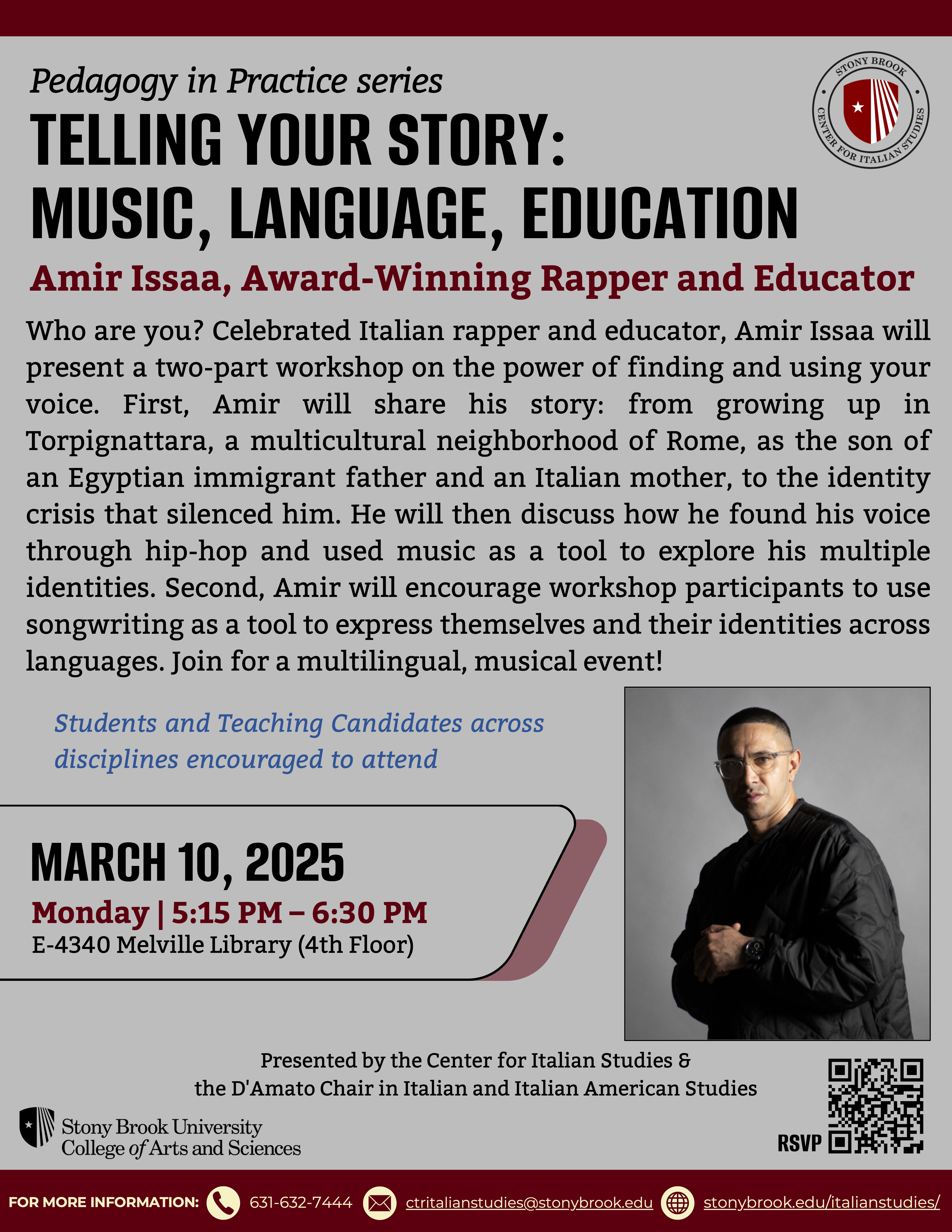 flyer advertising lecture on music and education, given by Amir Issaa. Information contained is the same as listed on the site.