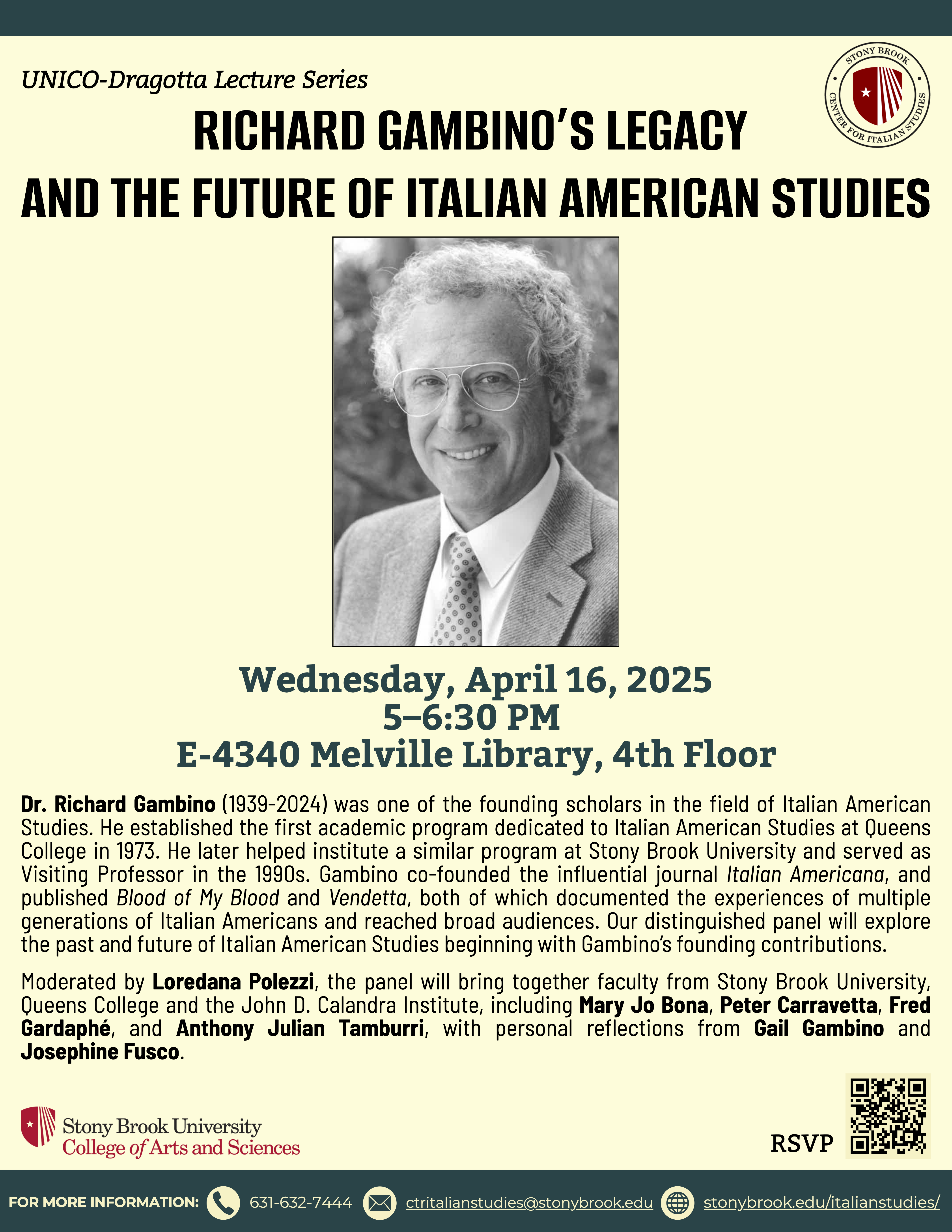 flyer advertising lecture on Richard Gambino. Information contained is the same as listed on the site.