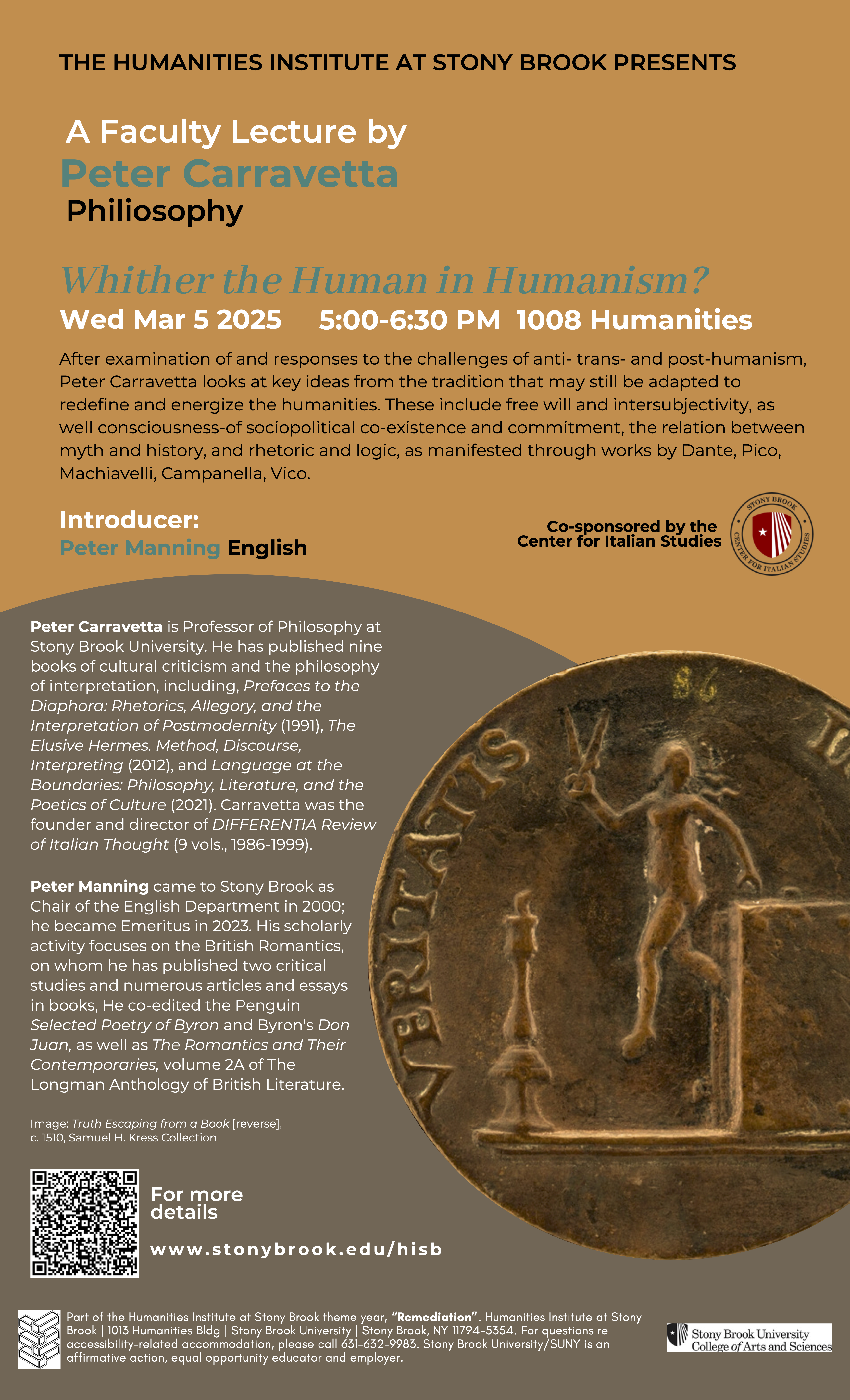 flyer advertising Peter Carravetta's lecture on humanism. Information contained is the same as listed on the site.