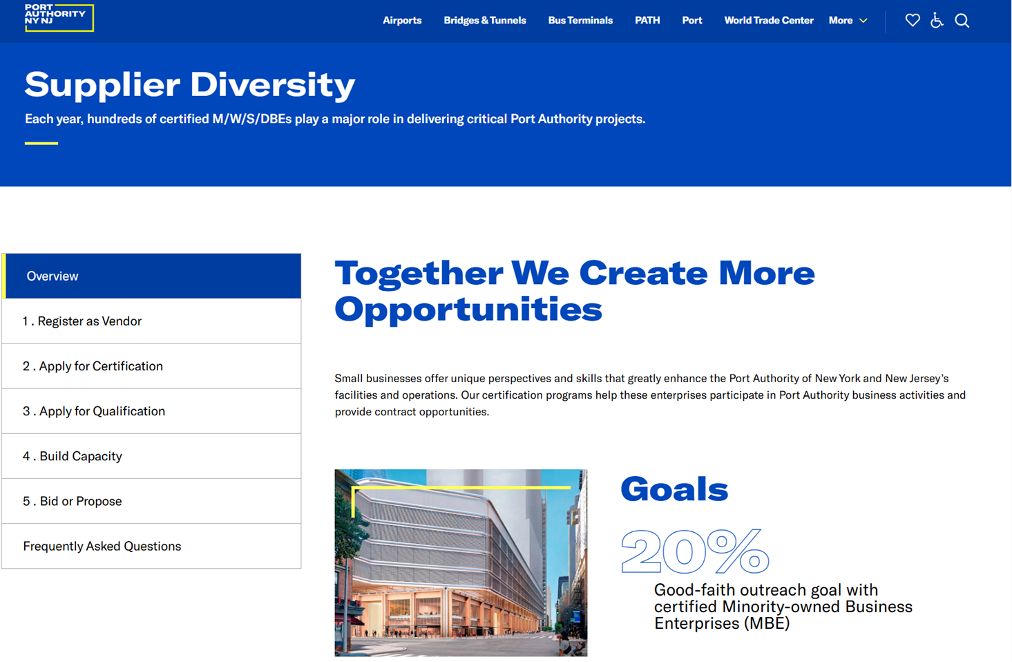 Screenshot of Port Authority of NY and NJ Supplier Diversity web page.